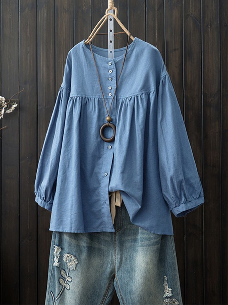 Dame Langermet Crew Neck Button Down Bomull Bluse