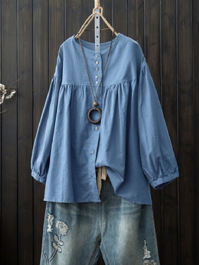 Dame Langermet Crew Neck Button Down Bomull Bluse