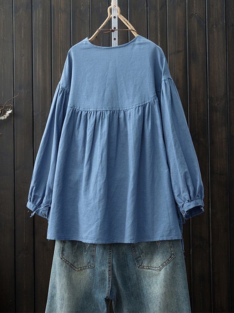 Dame Langermet Crew Neck Button Down Bomull Bluse