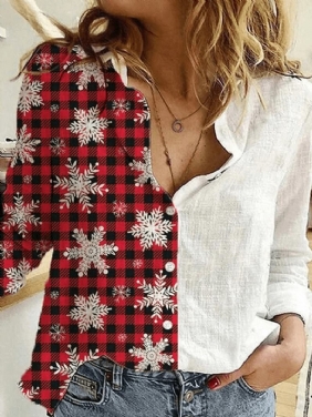 Dame Patchwork Plaid Snowflake Graphics Juleskjorter Med Lange Armer