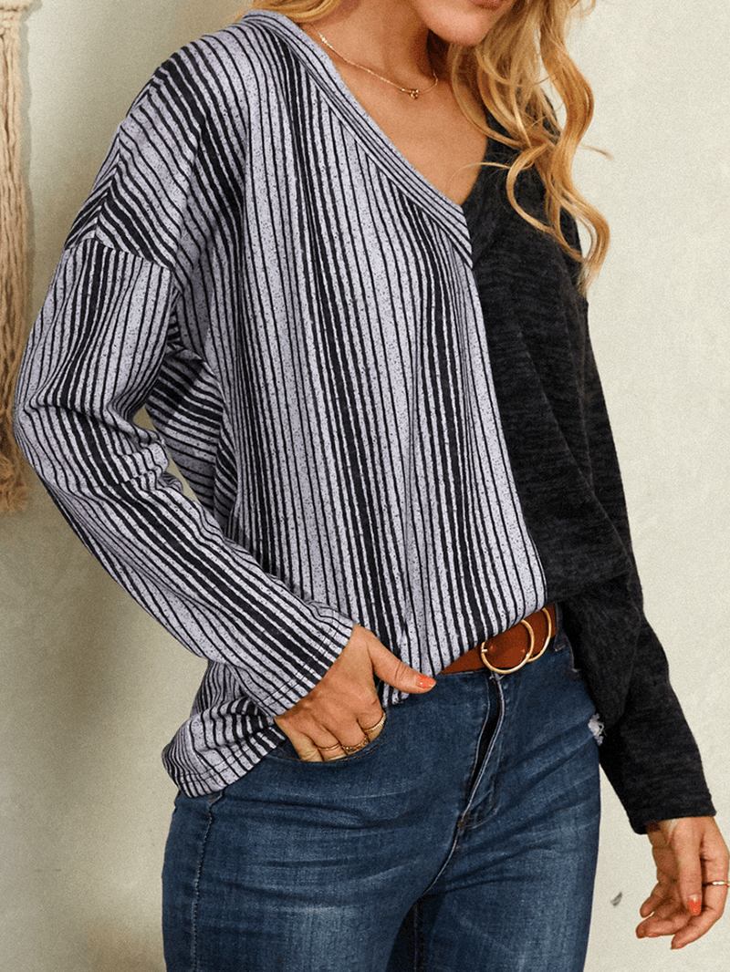 Dame Striped Med Trykk Patchwork V-hals Langermet Fritids Bluse