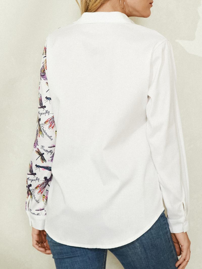 Dragonfly Med Trykk Langermet Lapel White Button Shirt For Kvinner