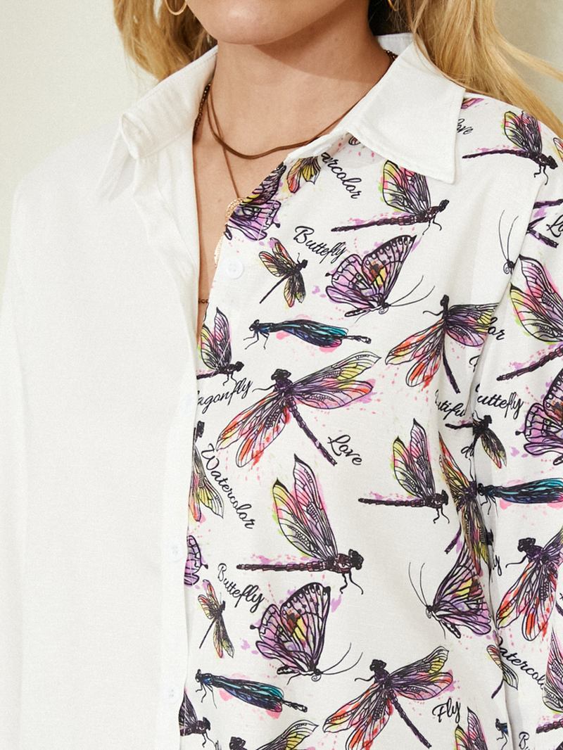 Dragonfly Med Trykk Langermet Lapel White Button Shirt For Kvinner