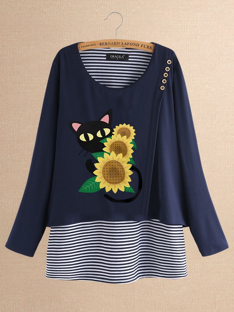 Fritids Med Trykk Katt Blomstrete Patch Stripet Bluse