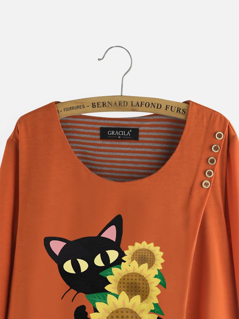 Fritids Med Trykk Katt Blomstrete Patch Stripet Bluse