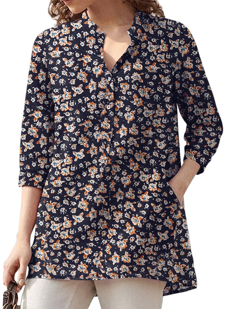 Kvinner 100% Bomull Blomsterfritid Bohemisk Retrostil V-hals Sidelommer Bluse