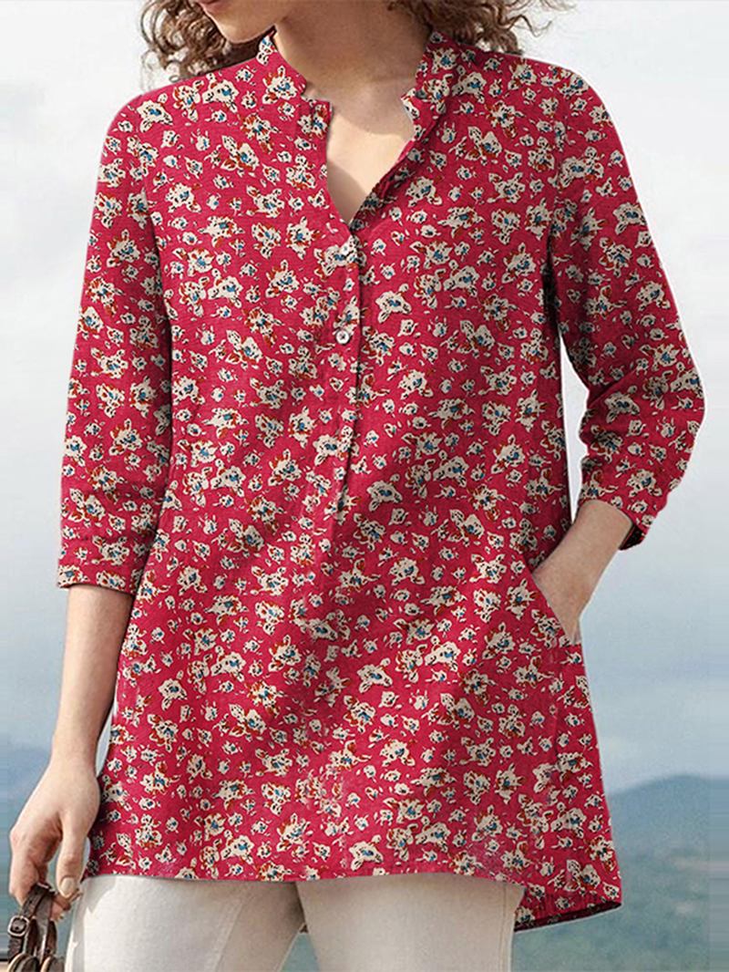 Kvinner 100% Bomull Blomsterfritid Bohemisk Retrostil V-hals Sidelommer Bluse