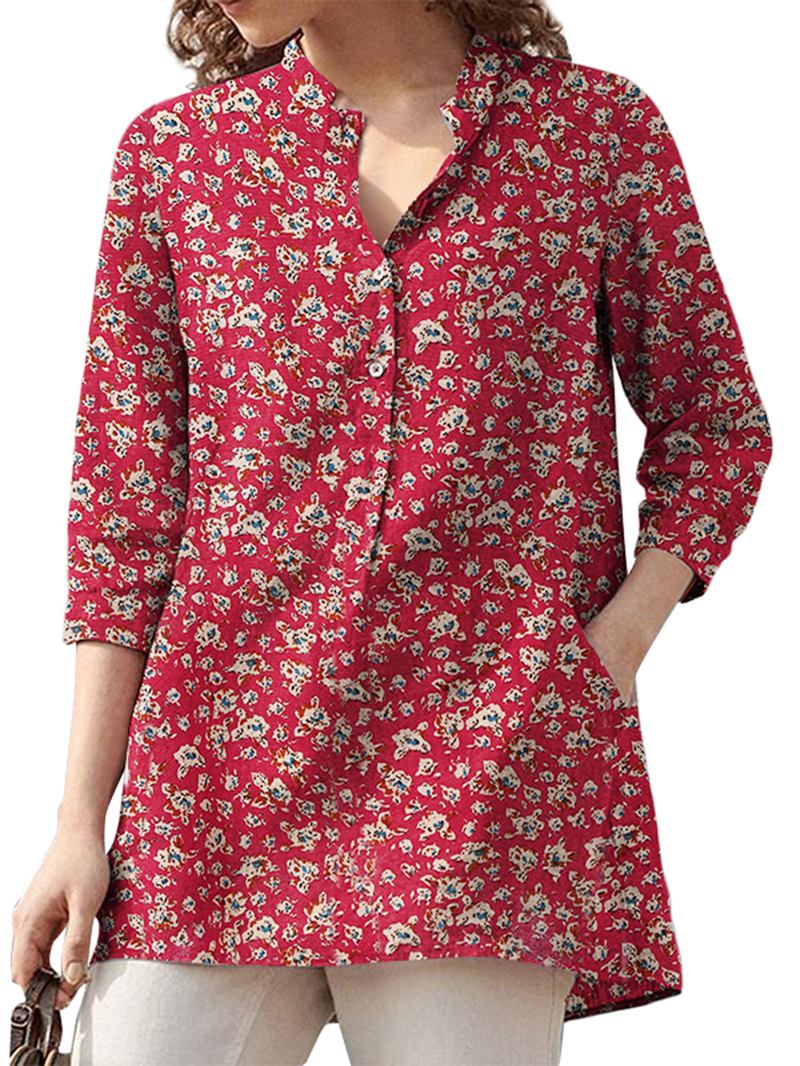 Kvinner 100% Bomull Blomsterfritid Bohemisk Retrostil V-hals Sidelommer Bluse