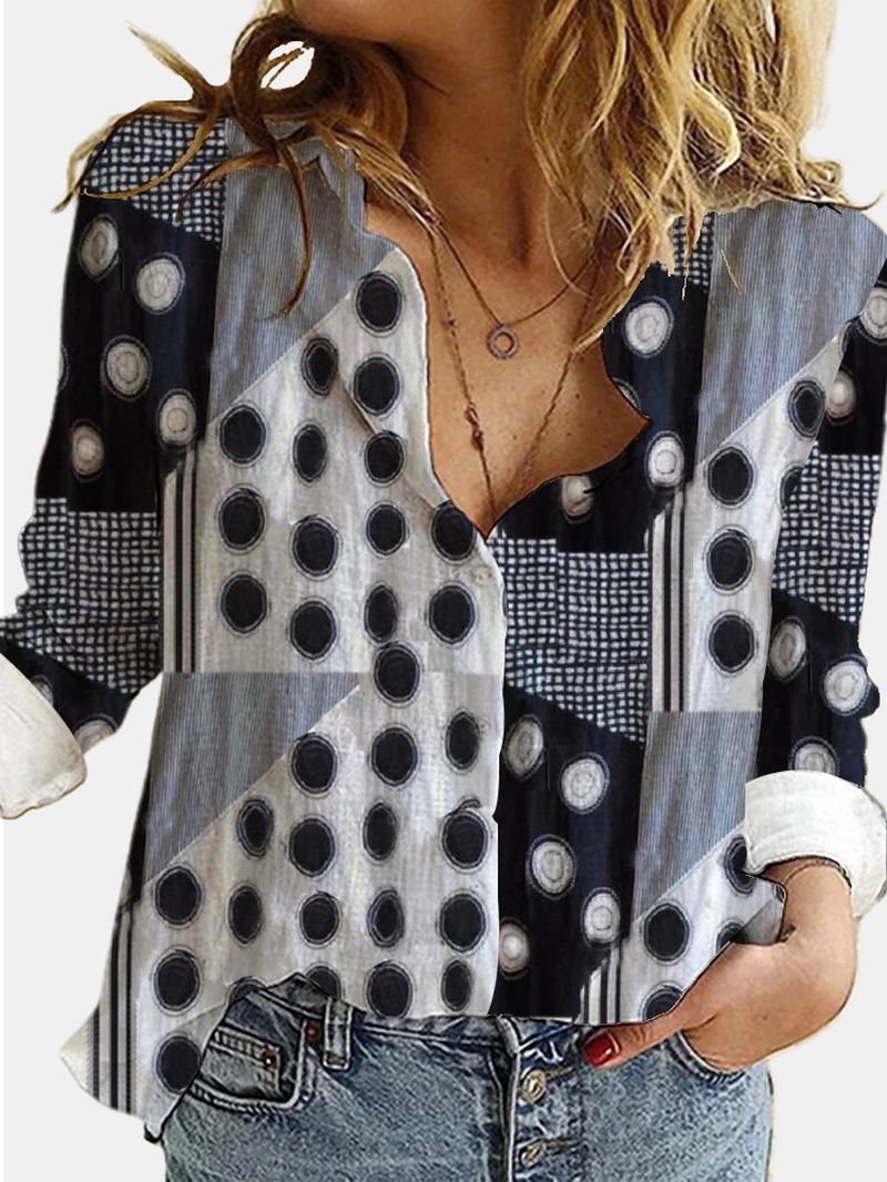 Kvinner Blandet Polka Dot Med Trykk Patchwork Langermet Lapel Fritids Stilig Bluse