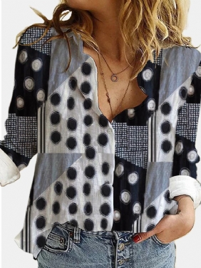 Kvinner Blandet Polka Dot Med Trykk Patchwork Langermet Lapel Fritids Stilig Bluse