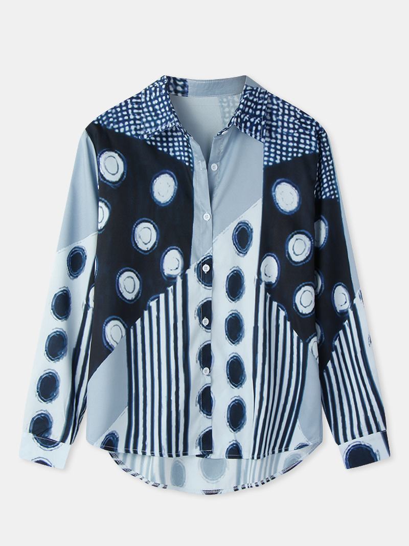 Kvinner Blandet Polka Dot Med Trykk Patchwork Langermet Lapel Fritids Stilig Bluse