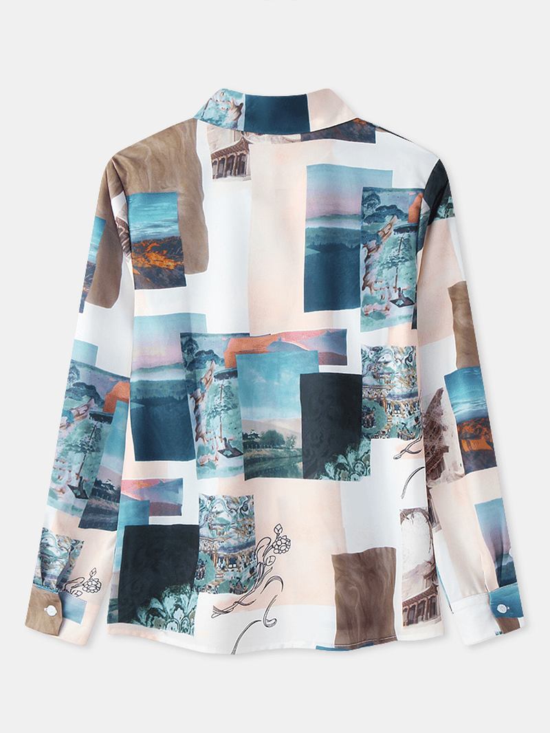 Kvinner Block Landscape Med Trykk Langermet Lapel Fritids Bluse