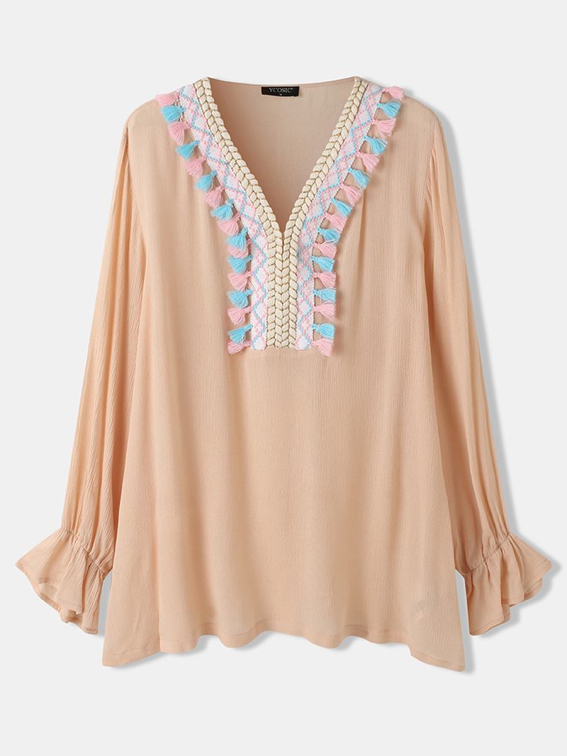 Kvinner Dusk Trim V-hals Vanlig Puff Sleeve Buet Hem Fritids Bluse