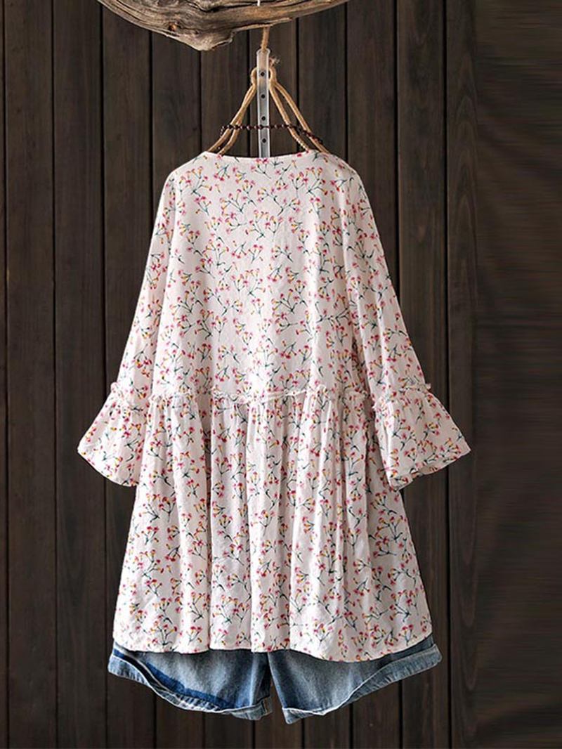 Kvinner Fritids Blomstrete Trykt O-hals 3/4 Flare Sleeve Bluse