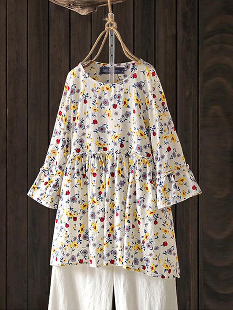 Kvinner Fritids Blomstrete Trykt O-hals 3/4 Flare Sleeve Bluse