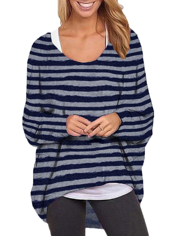 Kvinner Langermet O-hals Stripe Baggy Høy Lav Hem Fritids Bluse