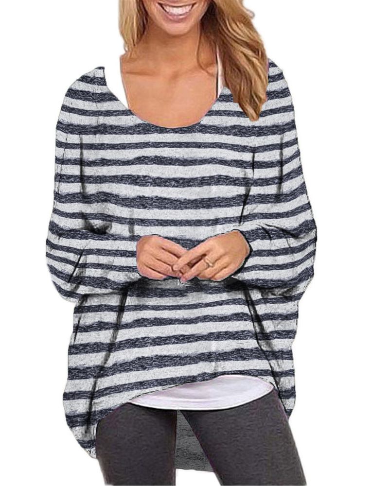 Kvinner Langermet O-hals Stripe Baggy Høy Lav Hem Fritids Bluse