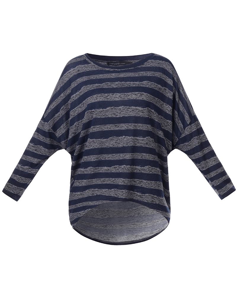 Kvinner Langermet O-hals Stripe Baggy Høy Lav Hem Fritids Bluse