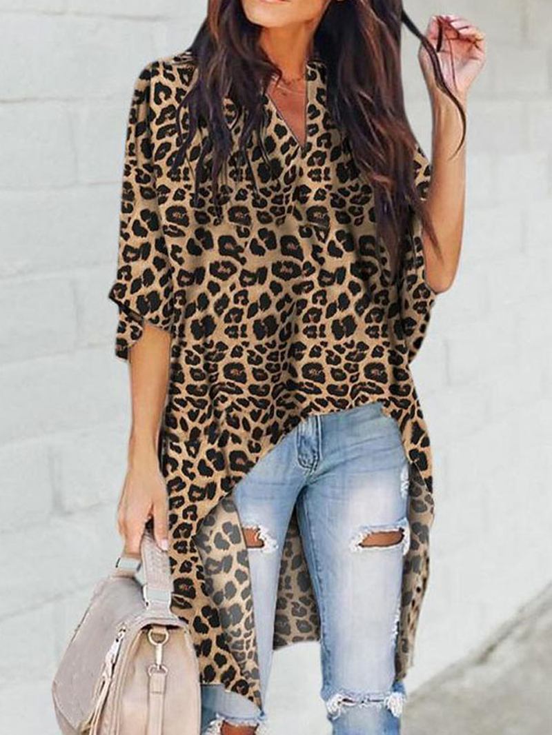 Kvinner Leopard Med Trykk Uregelmessig Hem V-hals Fritids Bluse