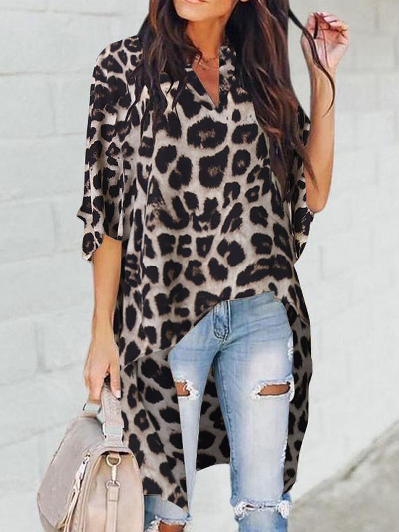 Kvinner Leopard Med Trykk Uregelmessig Hem V-hals Fritids Bluse