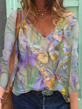 Kvinner Multi-color Blomstrete Sommerfugler Med Trykk V-hals Langermet Fritids Bluse