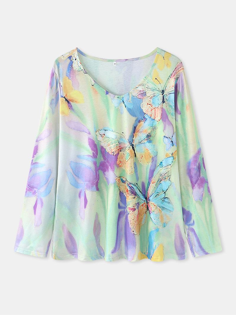 Kvinner Multi-color Blomstrete Sommerfugler Med Trykk V-hals Langermet Fritids Bluse