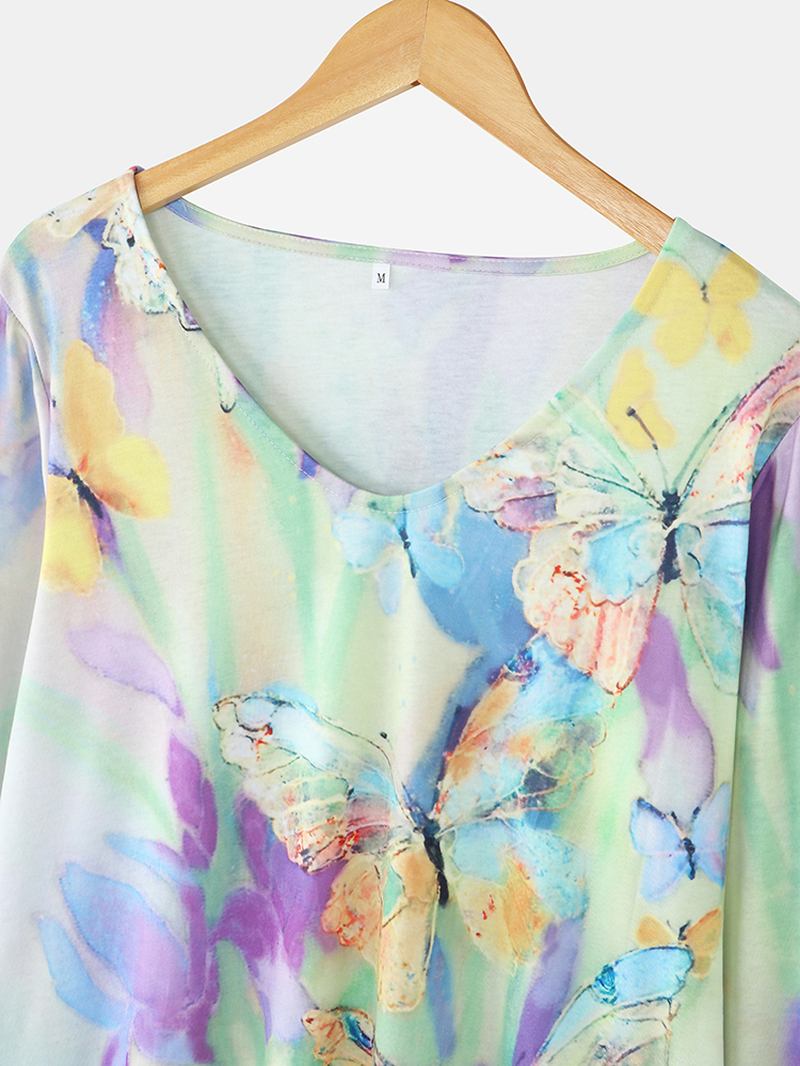 Kvinner Multi-color Blomstrete Sommerfugler Med Trykk V-hals Langermet Fritids Bluse