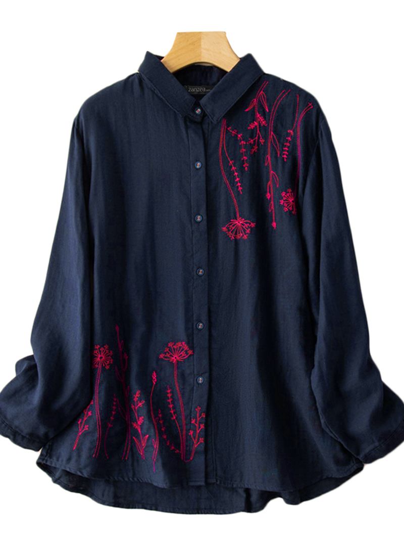 Kvinner Puff Sleeve Blomster Trykt Broderi Button Stand Collar Shirt