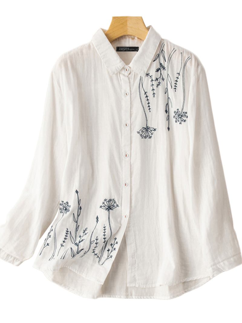 Kvinner Puff Sleeve Blomster Trykt Broderi Button Stand Collar Shirt