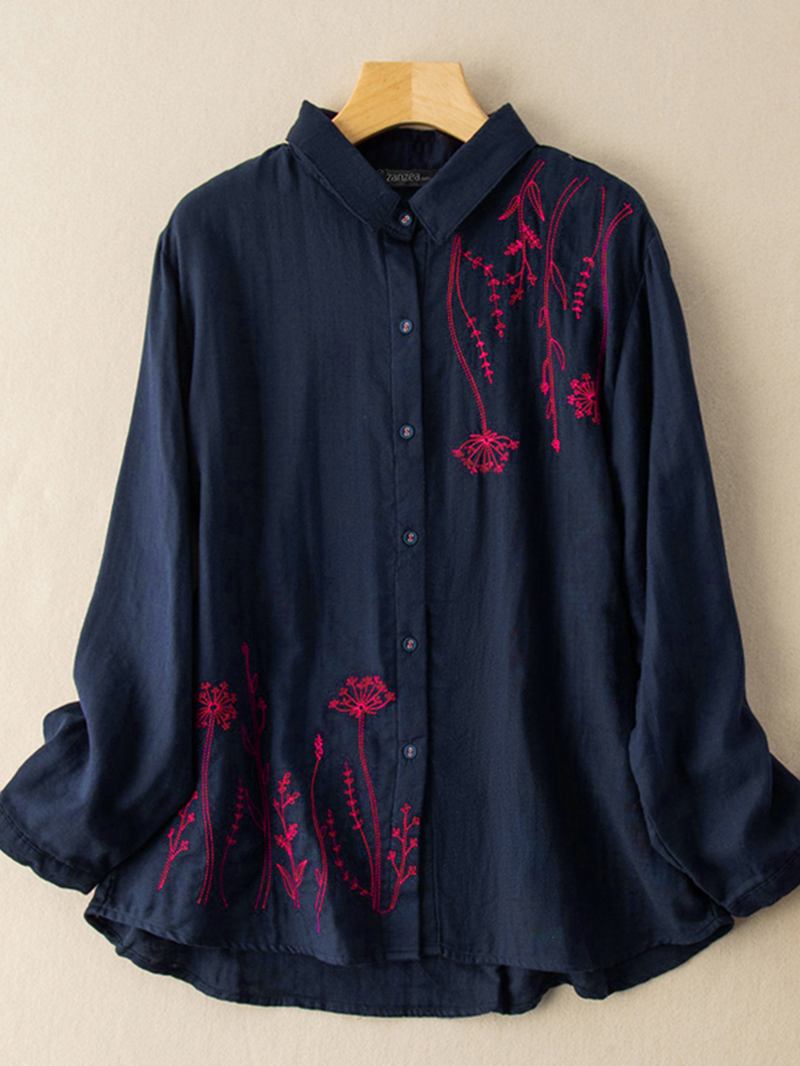 Kvinner Puff Sleeve Blomster Trykt Broderi Button Stand Collar Shirt