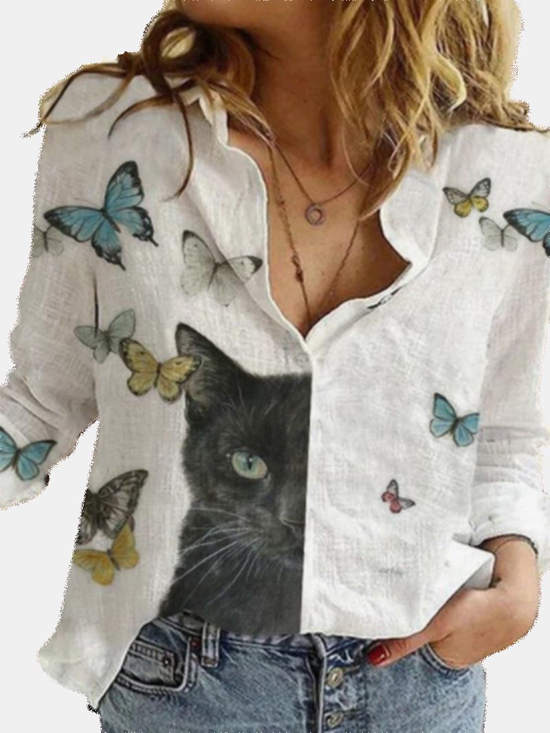 Kvinner Tegneserie Katt Butterfly Med Trykk Button Up Lapel Fritids Langermede Skjorter