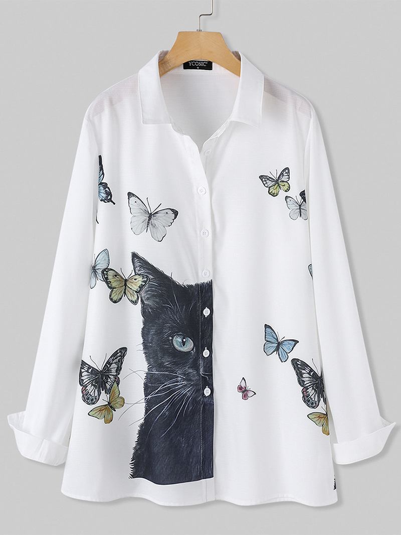 Kvinner Tegneserie Katt Butterfly Med Trykk Button Up Lapel Fritids Langermede Skjorter