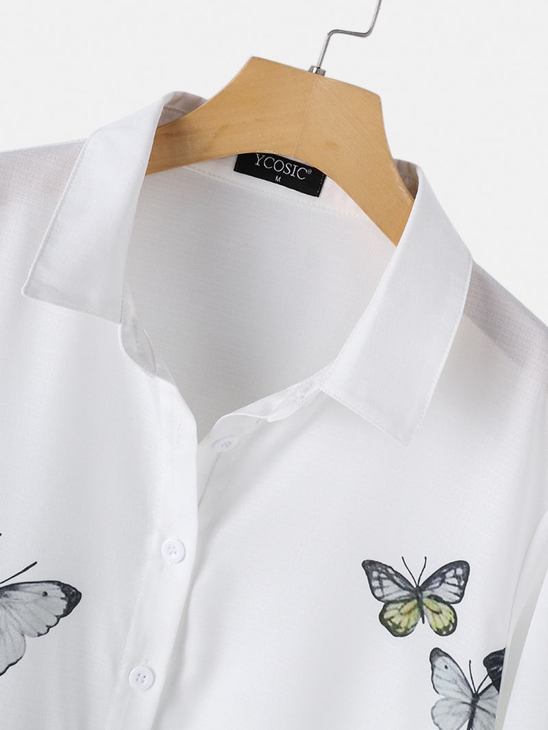 Kvinner Tegneserie Katt Butterfly Med Trykk Button Up Lapel Fritids Langermede Skjorter