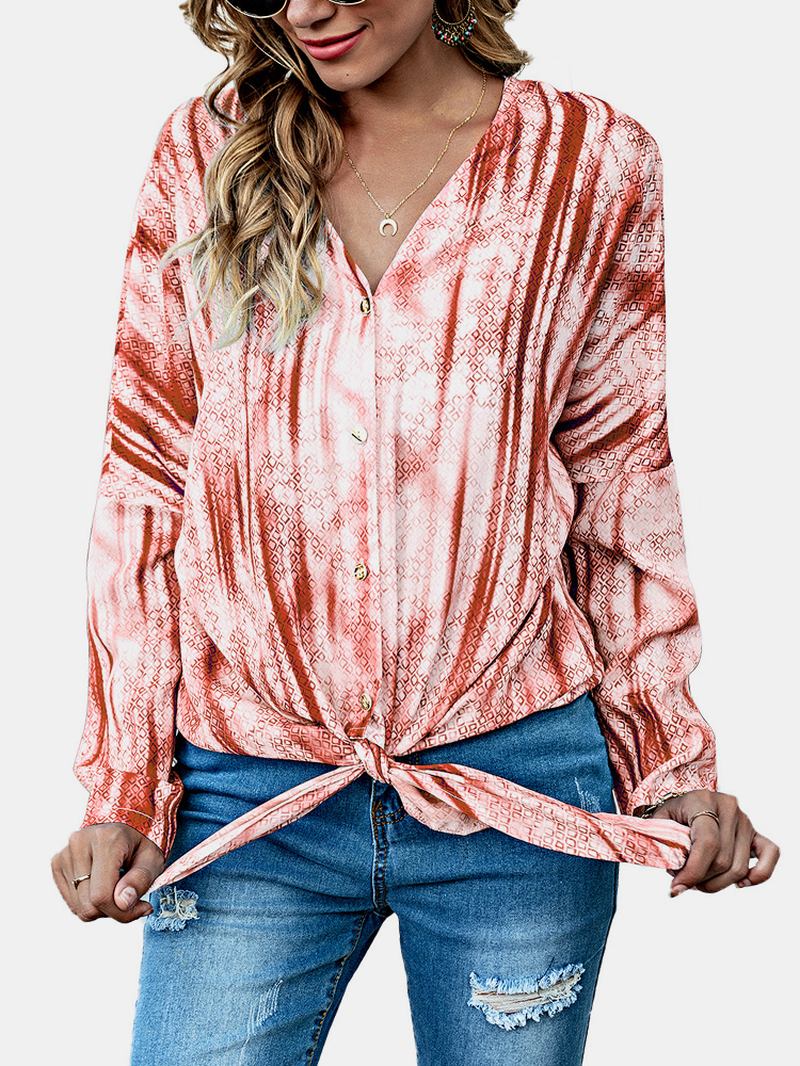 Kvinner Tie Dye Med Trykk Knotted Langermet Fritids Bluse