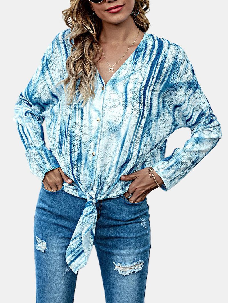 Kvinner Tie Dye Med Trykk Knotted Langermet Fritids Bluse