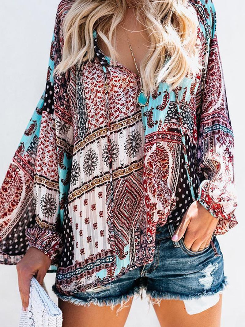 Kvinner V-hals Boho Bluse Med Blomstertrykk