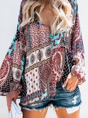 Kvinner V-hals Boho Bluse Med Blomstertrykk