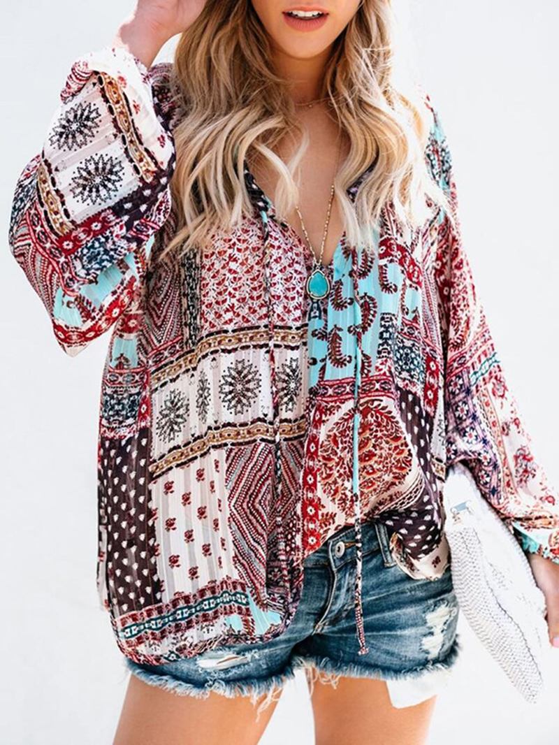 Kvinner V-hals Boho Bluse Med Blomstertrykk