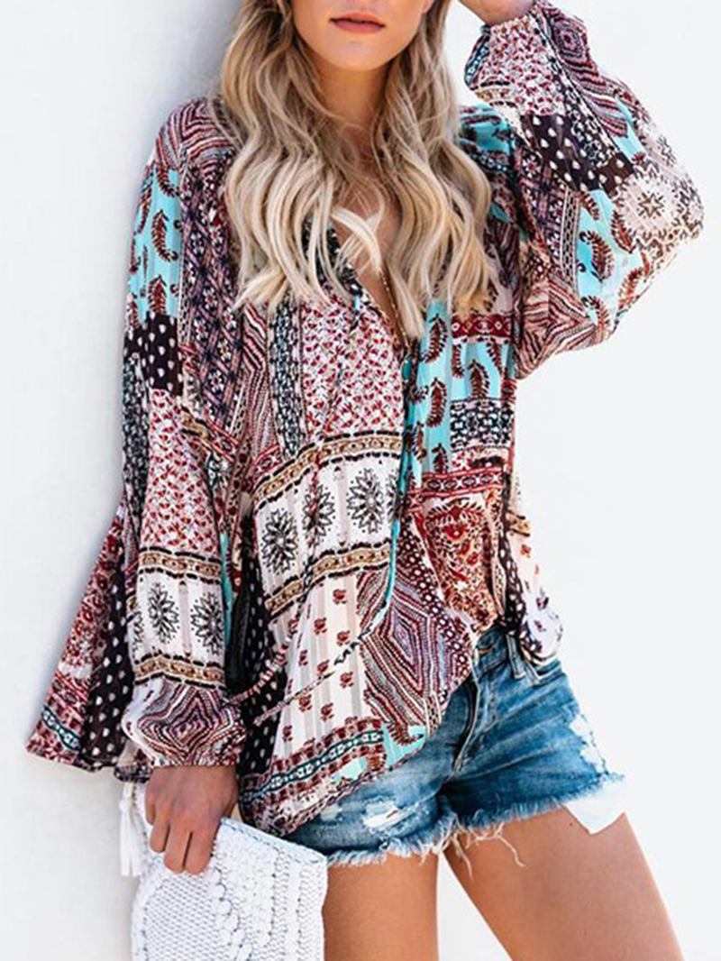 Kvinner V-hals Boho Bluse Med Blomstertrykk