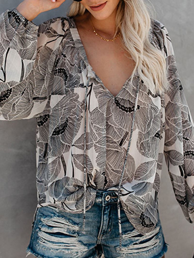 Kvinner V-hals Boho Bluse Med Blomstertrykk