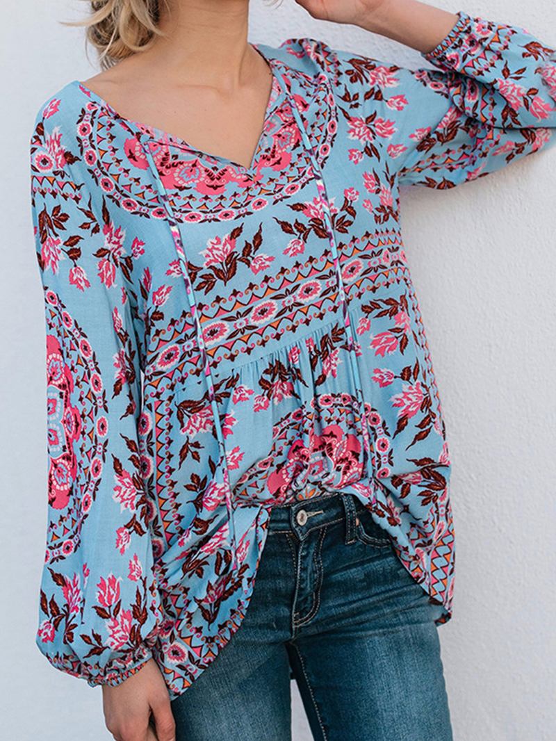 Kvinner V-hals Boho Bluse Med Blomstertrykk