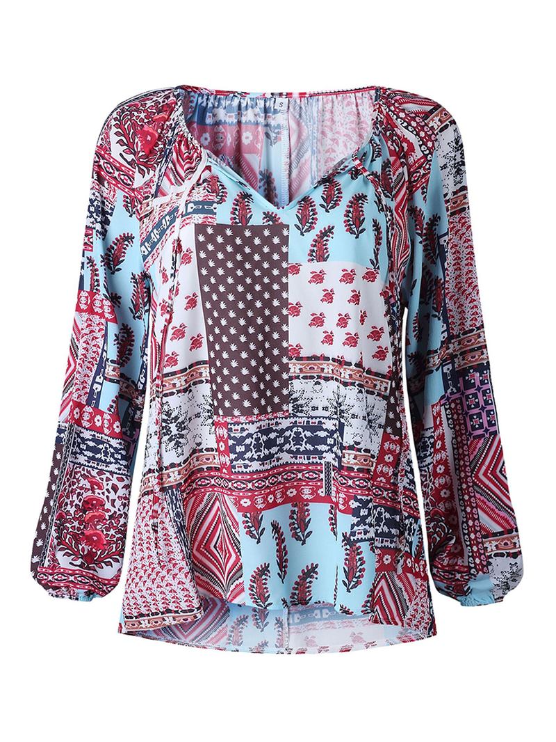 Kvinner V-hals Boho Bluse Med Blomstertrykk