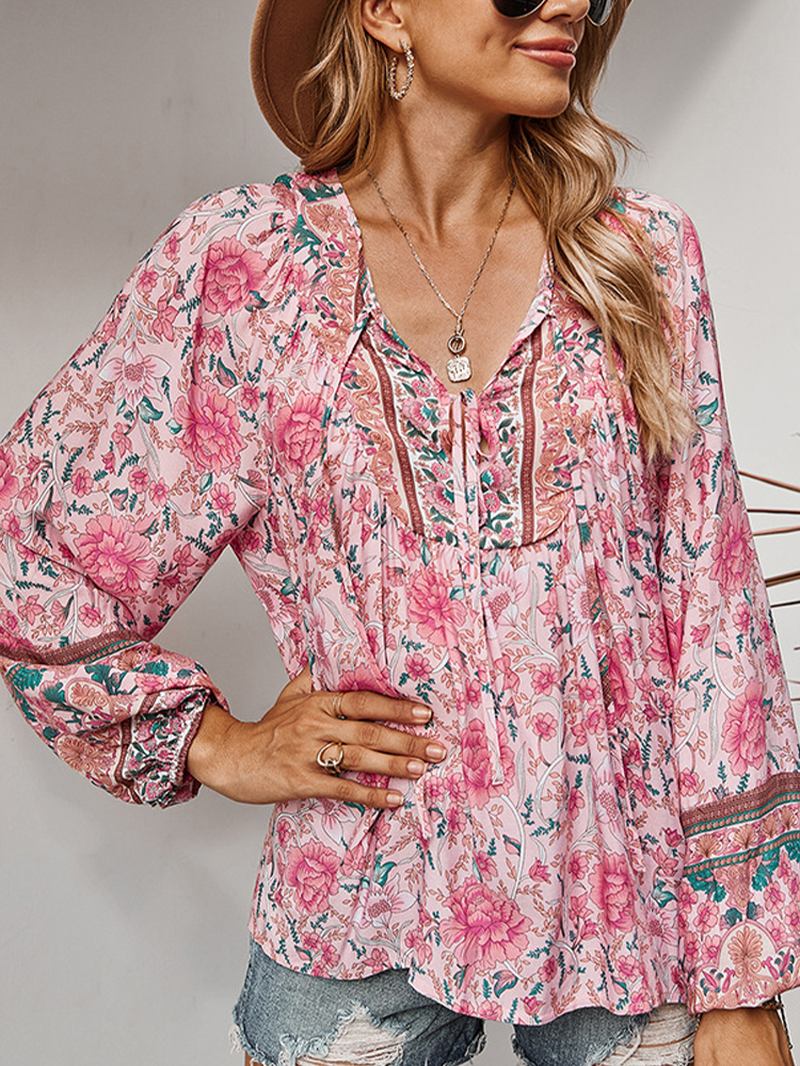 Kvinner Vintage Blomstrete Med Trykk V-hals Ferie Langermet Bluse