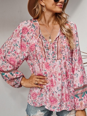 Kvinner Vintage Blomstrete Med Trykk V-hals Ferie Langermet Bluse