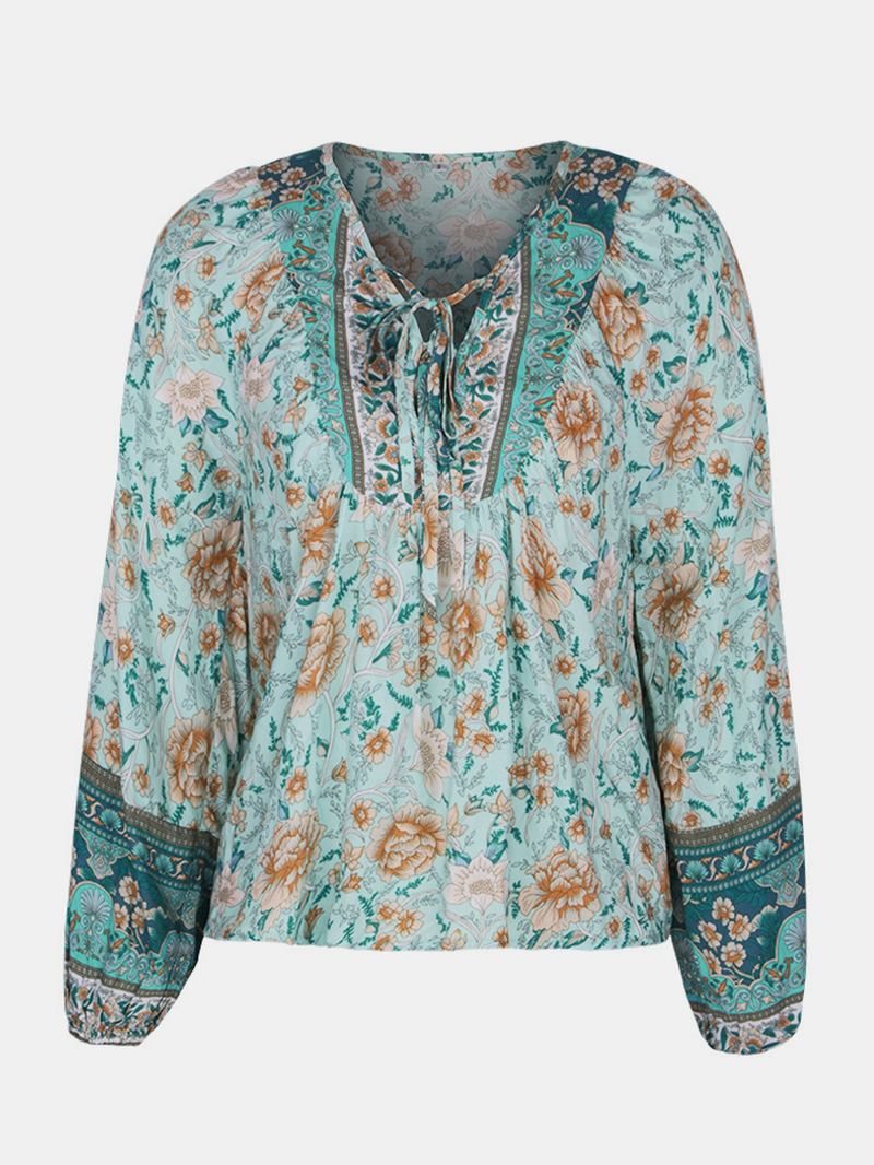 Kvinner Vintage Blomstrete Med Trykk V-hals Ferie Langermet Bluse