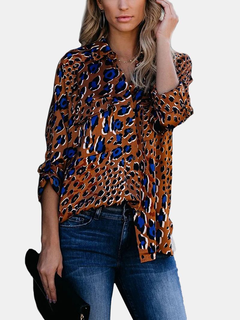 Kvinner Vintage Leopardprint Lommer Turn Dowm Krage Lange Armer Skjorter