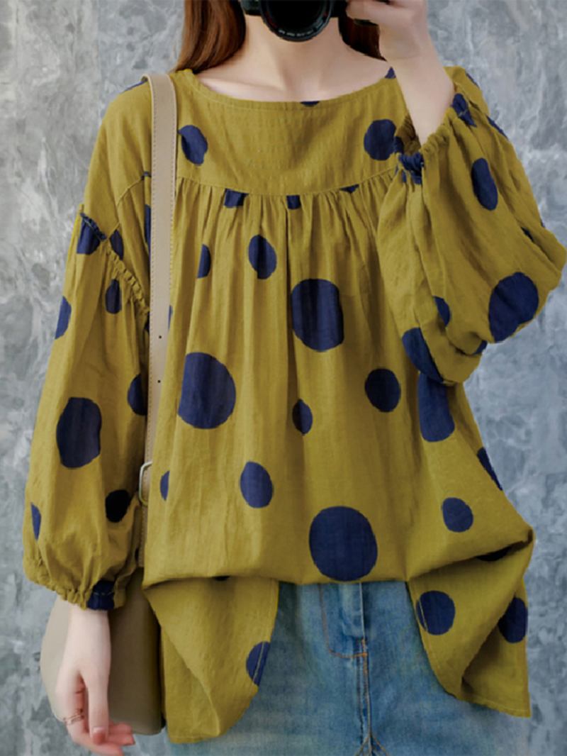 Kvinner Vintage Polka Dot Med Trykk Puff Sleeve Løs Plissert Bluse