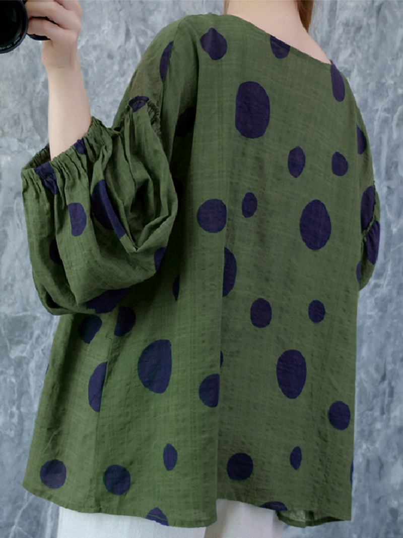 Kvinner Vintage Polka Dot Med Trykk Puff Sleeve Løs Plissert Bluse