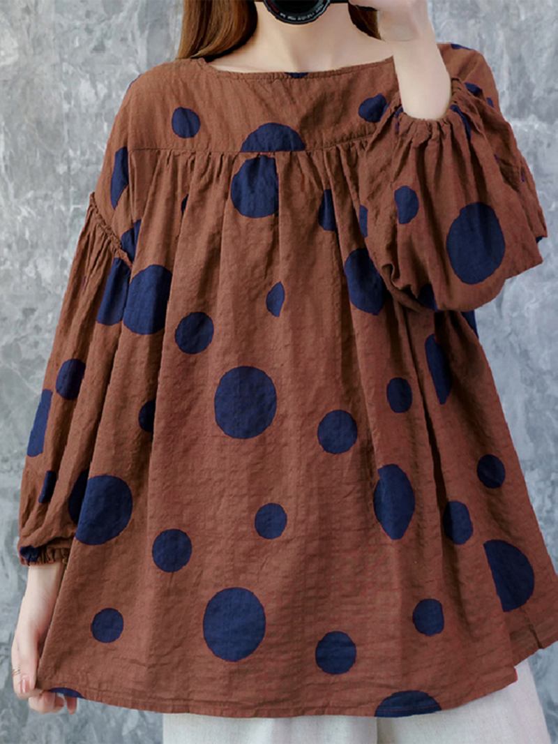 Kvinner Vintage Polka Dot Med Trykk Puff Sleeve Løs Plissert Bluse