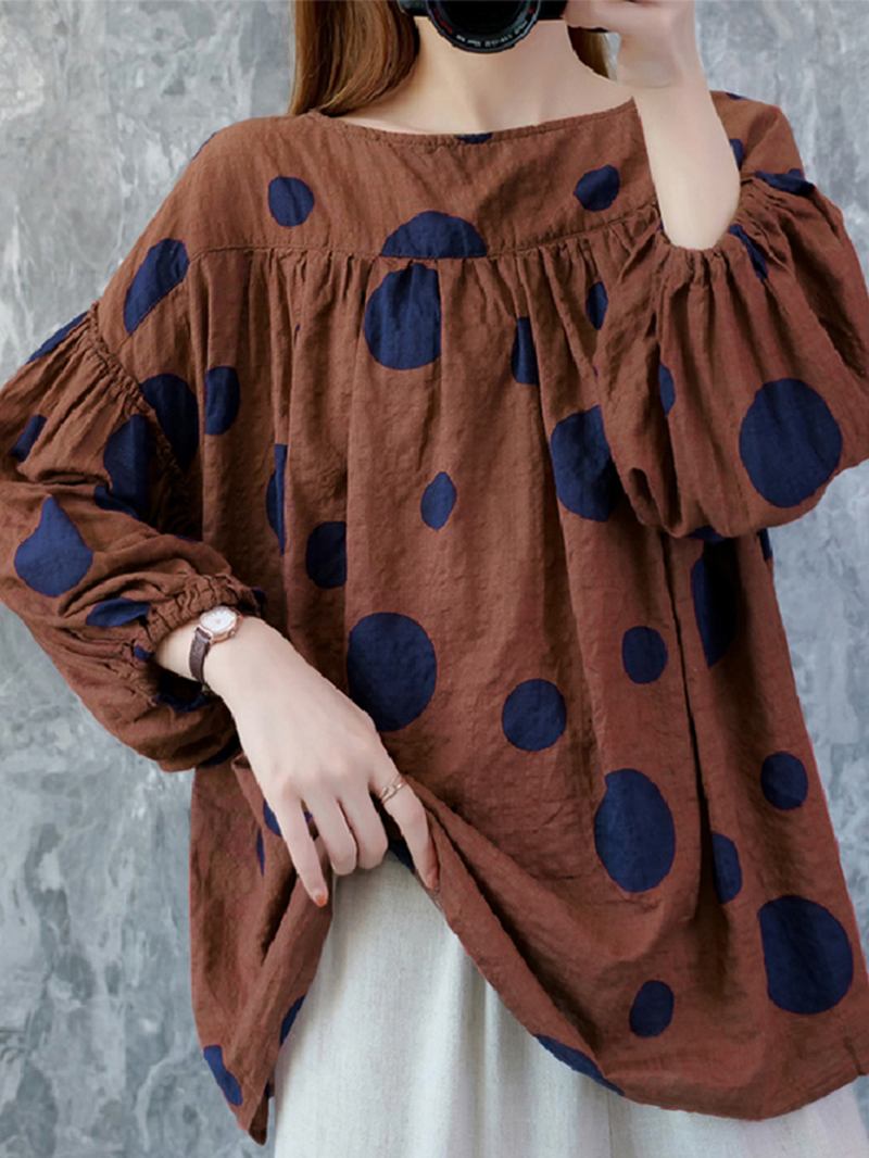 Kvinner Vintage Polka Dot Med Trykk Puff Sleeve Løs Plissert Bluse